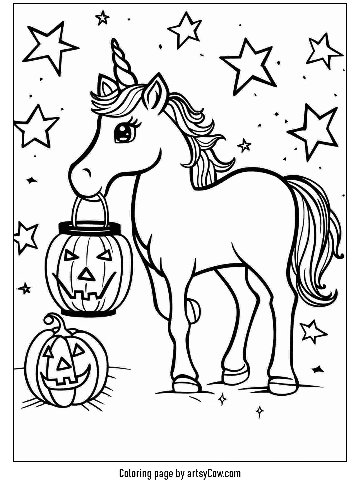 halloween coloring pages with unicorn, Unicorn with Halloween Lantern